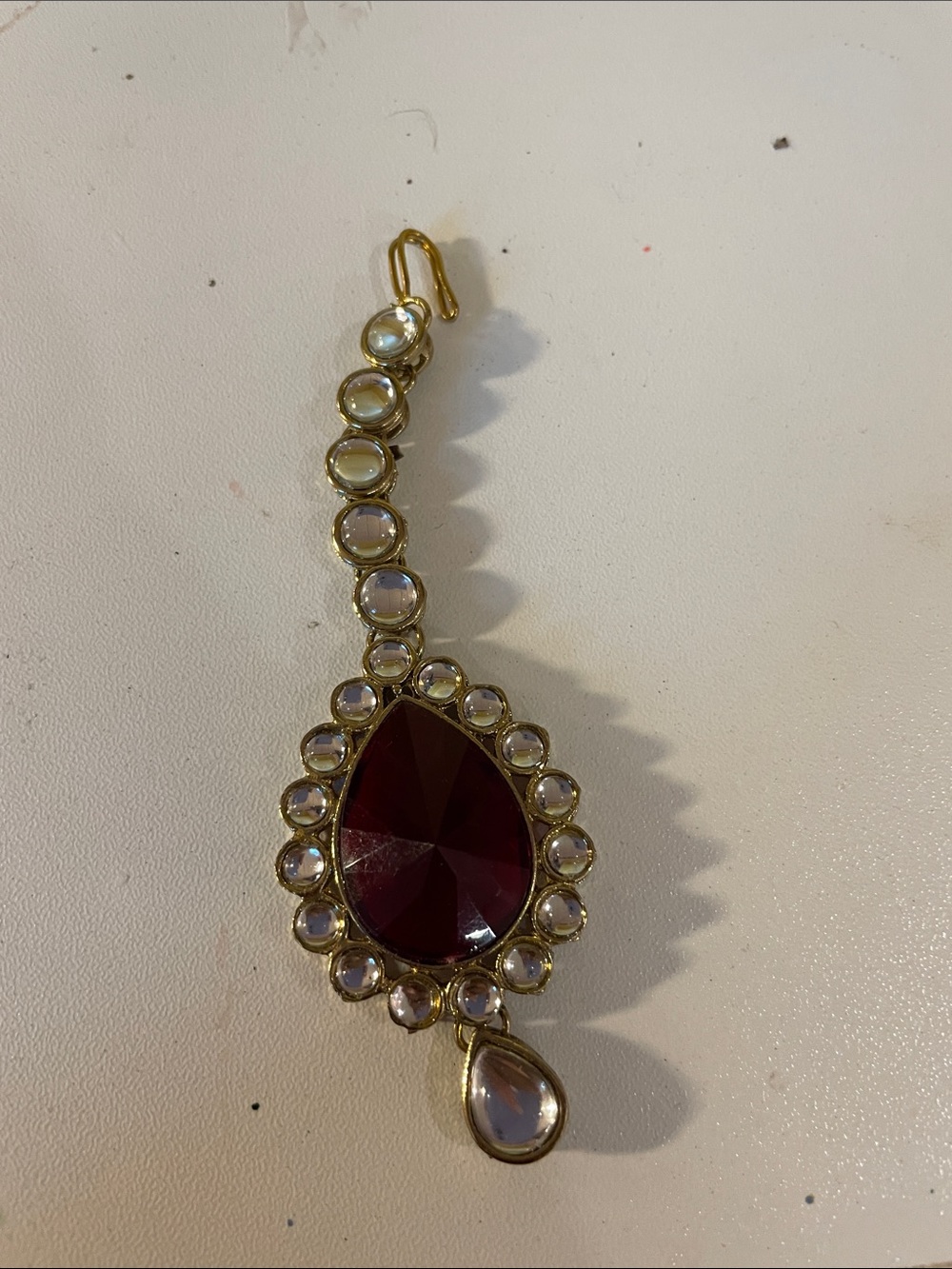Gold-Tone Red Teardrop Earring with Clear Accent Stones